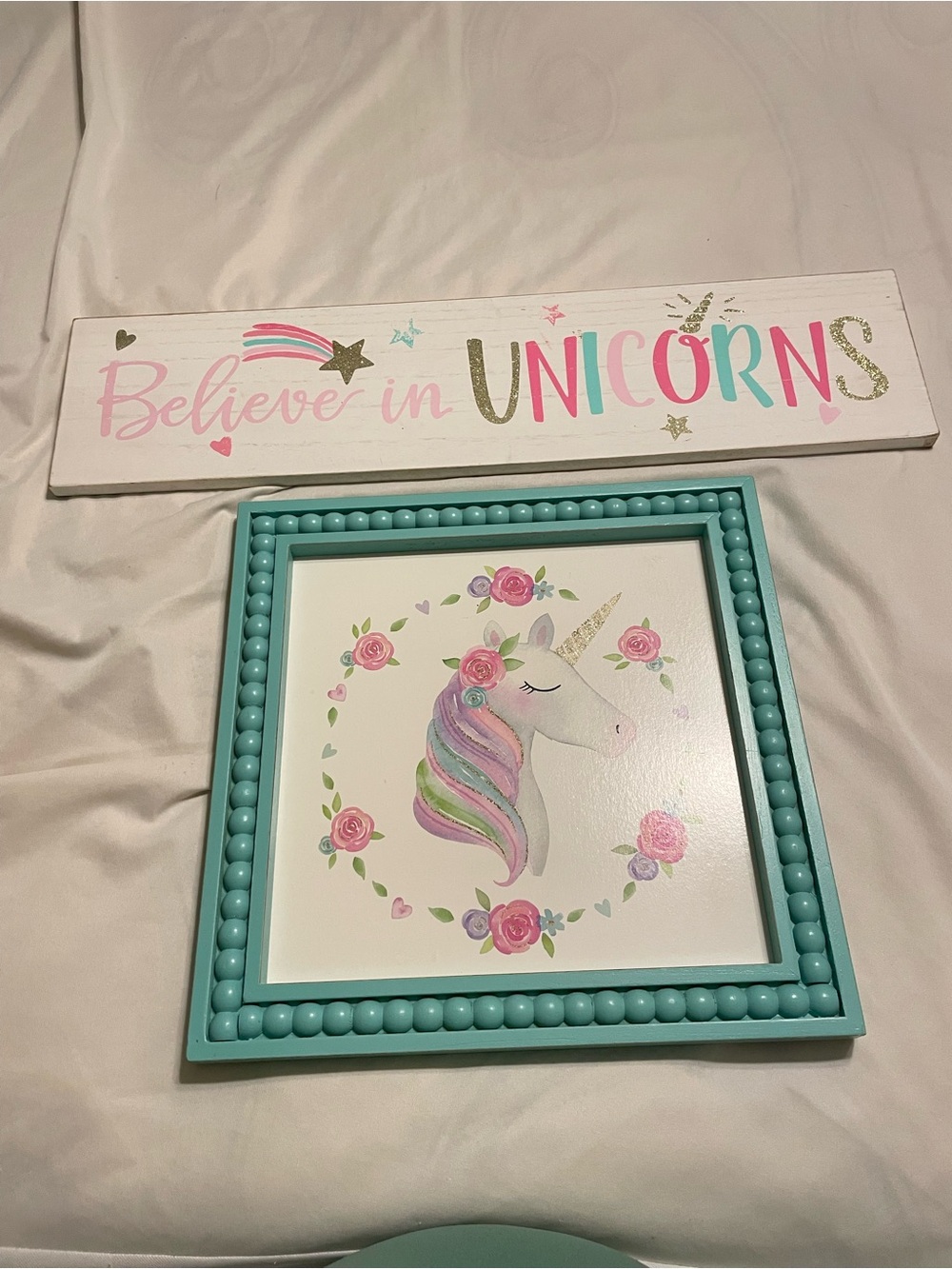 Hobby Lobby Pastel Unicorn Wall Art with Teal Beaded Frame